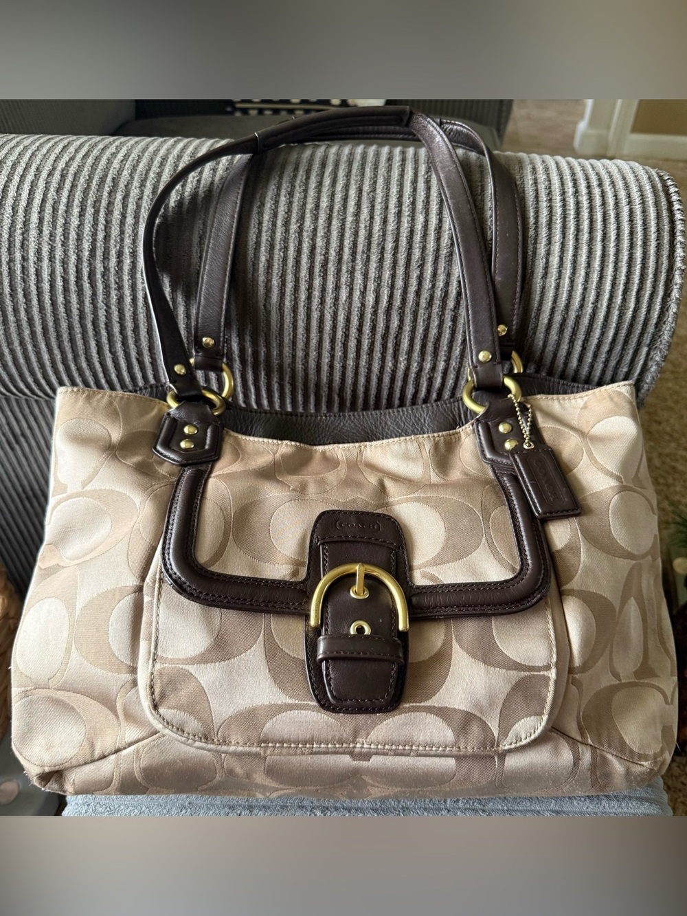 Coach Khaki and Dark Brown Signature C Shoulder Bag Purse Tan F25294